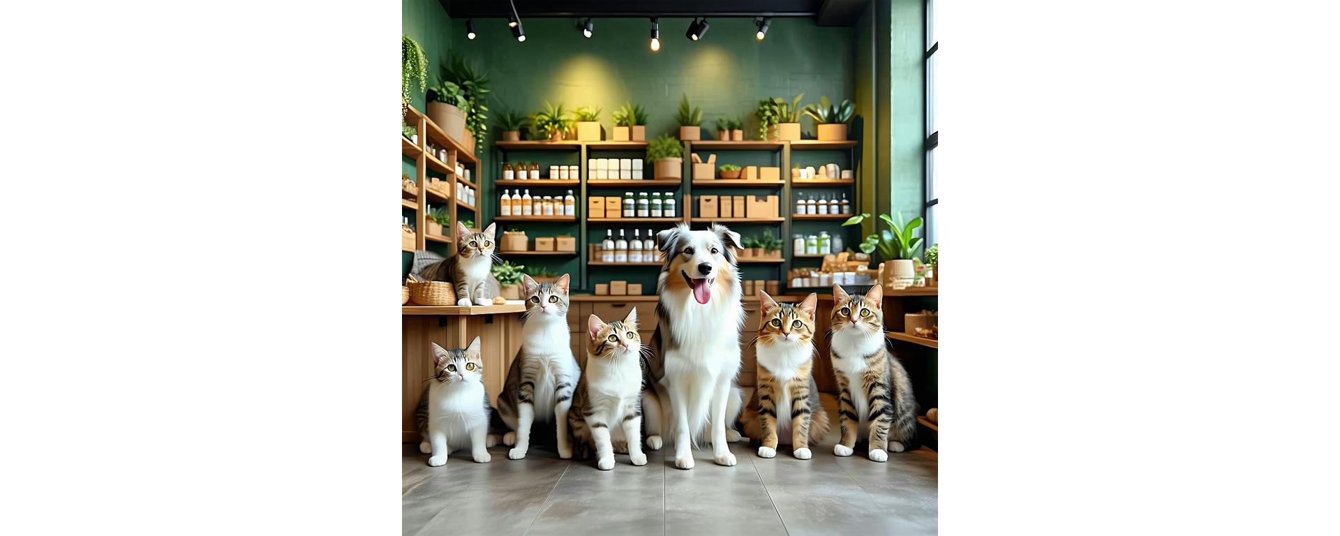 Intérieur chaleureux de la boutique avec chiens et chats heureux