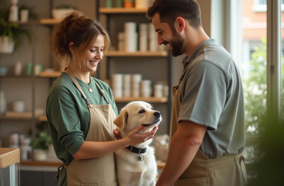 Équipe en boutique au service d’un client et de son chien