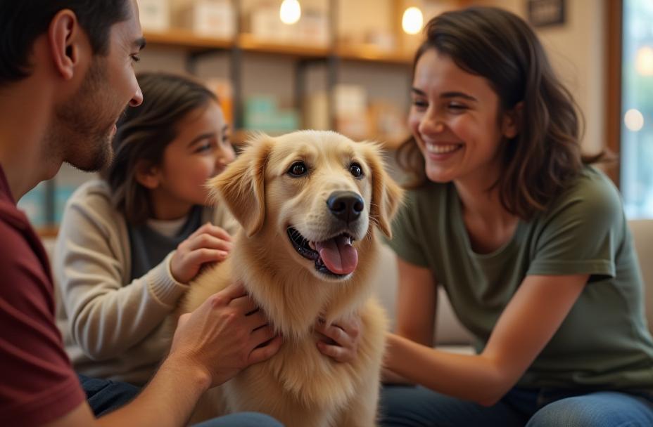 Rencontre entre famille et chien à la boutique lors d’une journée adoption