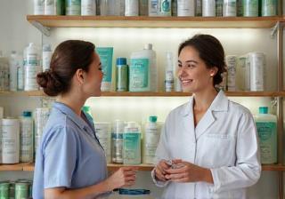 Présentoir de produits vétérinaires et équipe conseillant un client