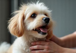 Toiletteuse faisant la coupe d’un petit chien heureux